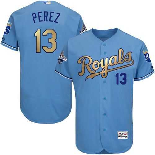 Glued Kansas City Royals #13 Salvador Perez Light Blue FlexBase 2015 World Series Champions Gold Program Baseball Jersey,We sell and wholesale Glued Kansas City Royals #13 Salvador Perez Light Blue FlexBase 2015 World Series Champions Gold Program Baseball Jersey on line form chian!